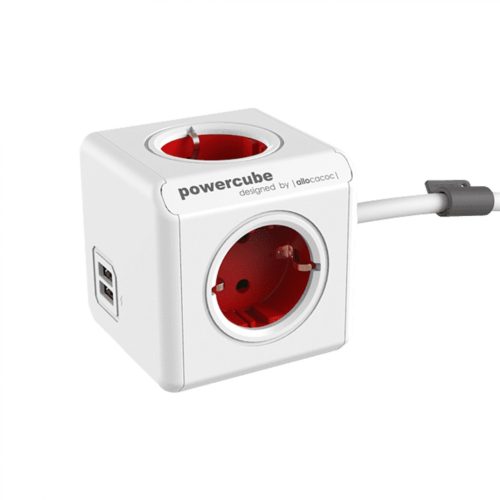 HOME Powercube Extended Hálózati Hosszabbító, 4 Dugalj + 2 USB, 1,5m, Fehér-Piros