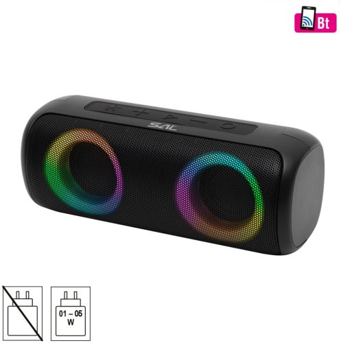 SAL BT2000 boombox, 2x10W, MP3 zenelejátszó, Bluetooth, mélysugárzó, basszus, RGB LED fényjáték, beépített akkumulátor, IPX5